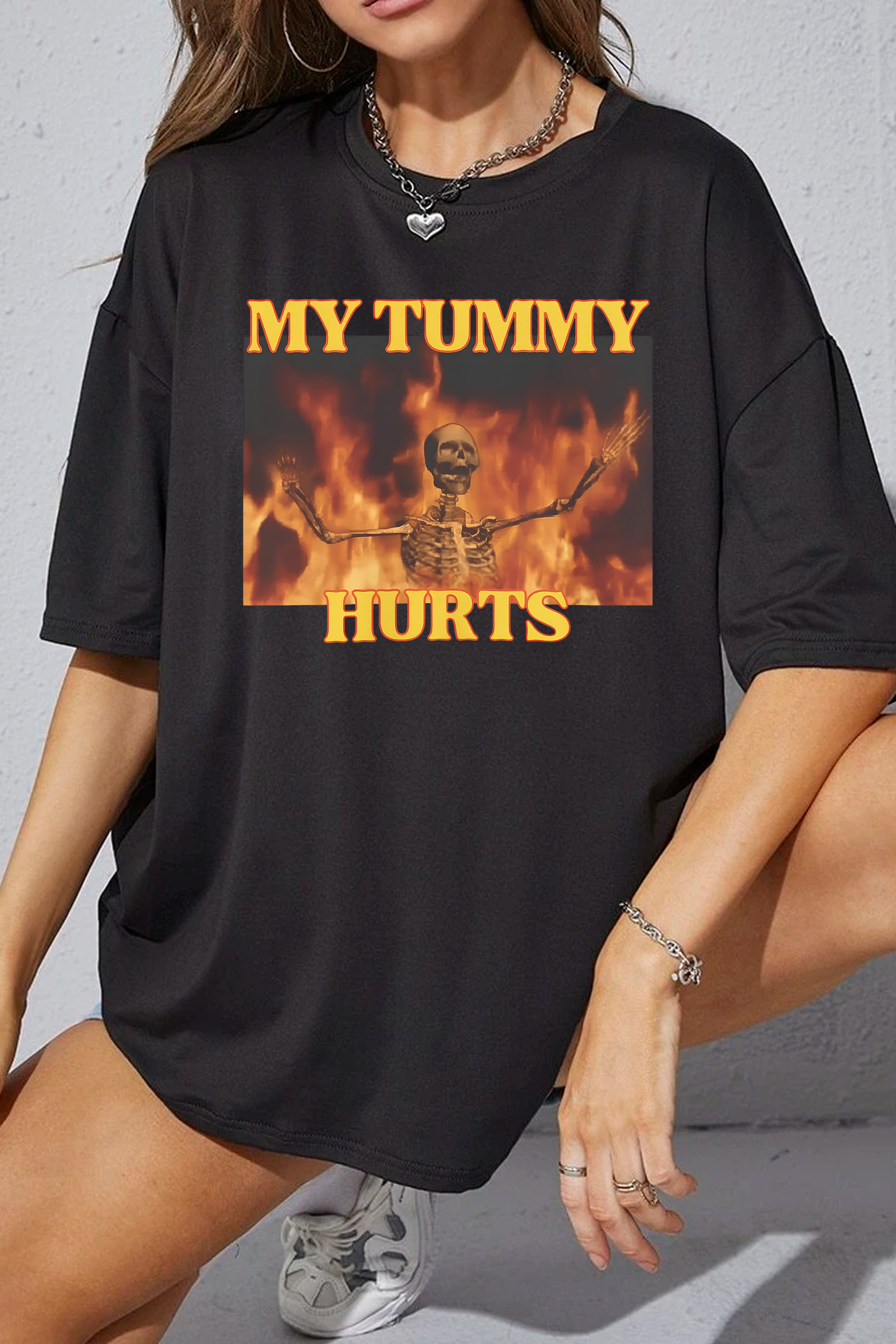 My Tummy Hurts Funny Hard Skeleton Meme Tee For Women