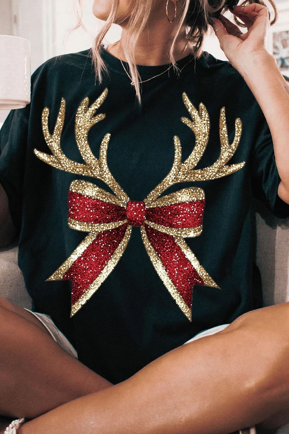 Christmas Bow Deer Antlers Printed Round Neck Ladies Short Sleeve T-Shirt