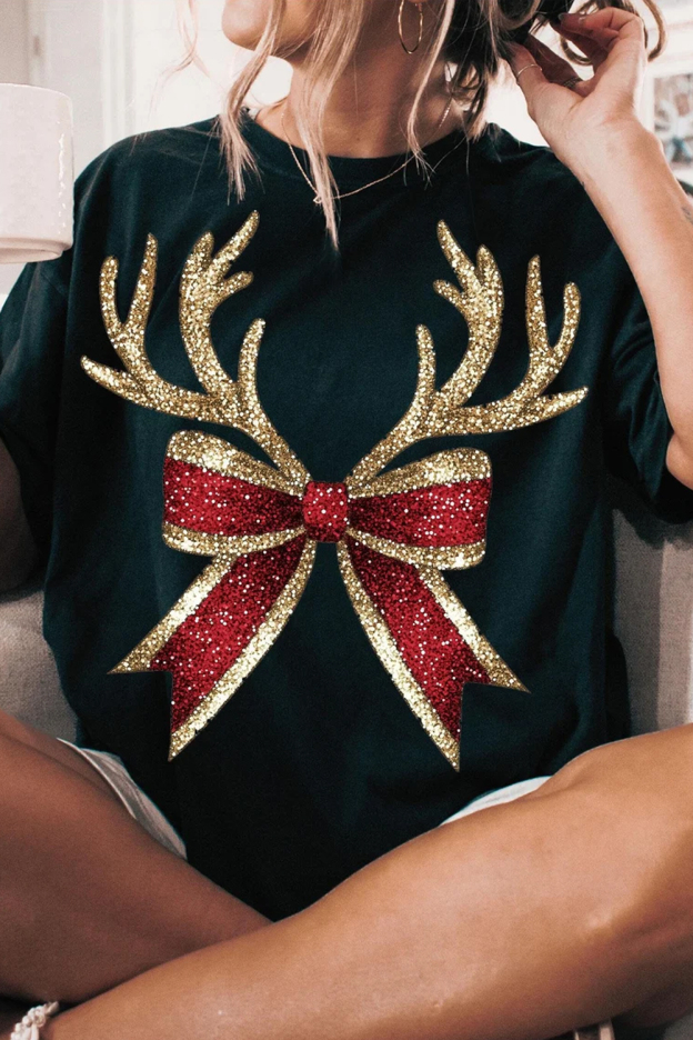 Christmas Bow Deer Antlers Printed Round Neck Ladies Short Sleeve T-Shirt