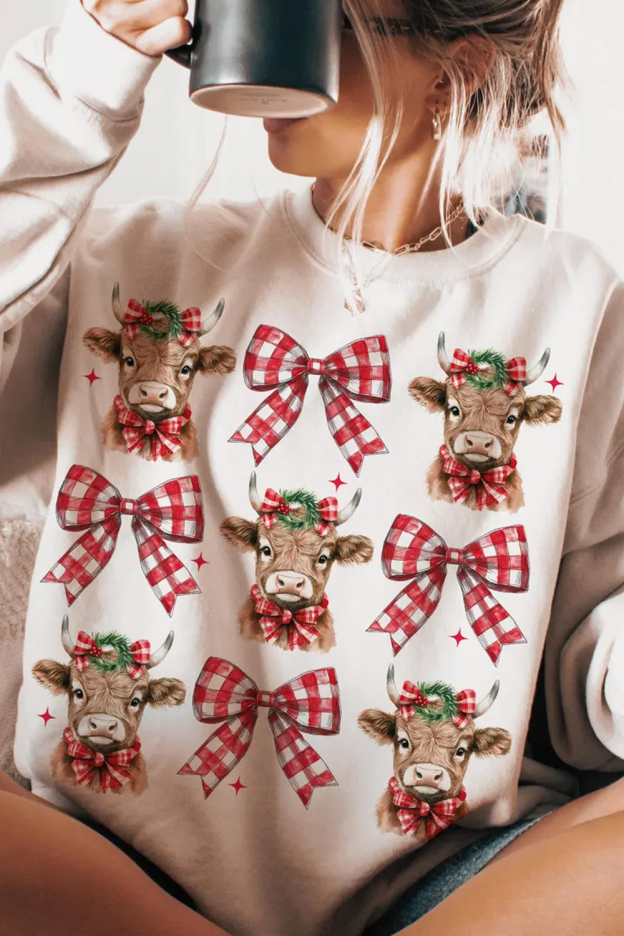 Calf Christmas Print Round Neck Ladies Long Sleeve Sweatshirt