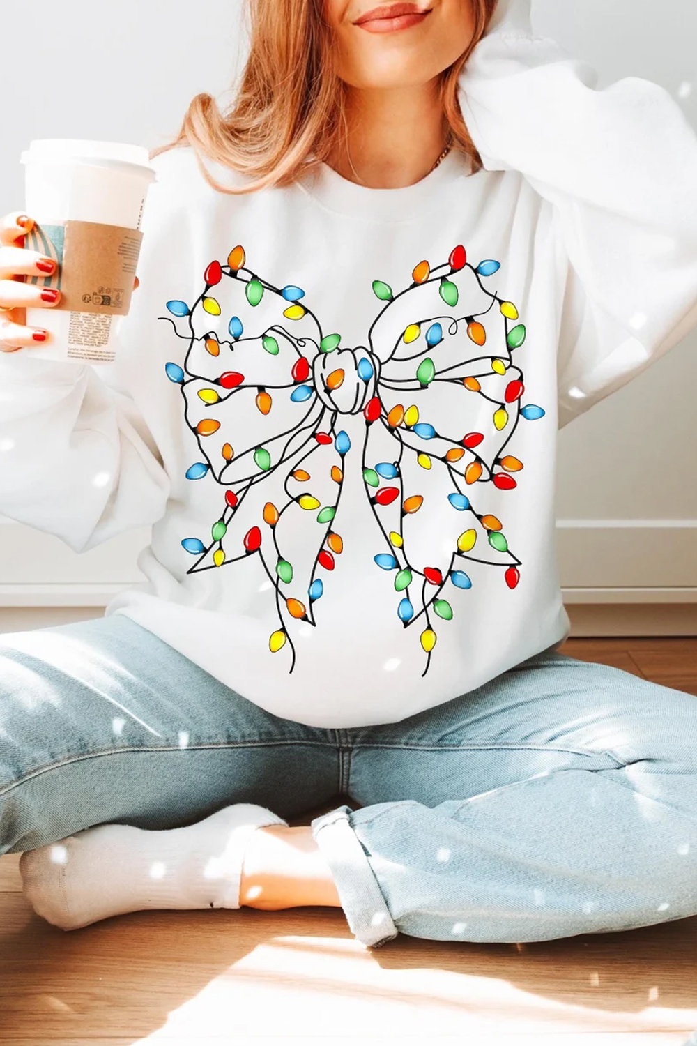 Christmas Butterfly Lights Printed Round Neck Women's Long Sleeve Sweatshirt