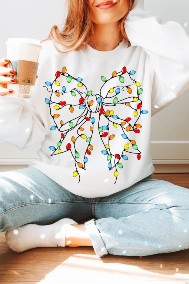 Christmas Butterfly Lights Printed Round Neck Women's Long Sleeve Sweatshirt