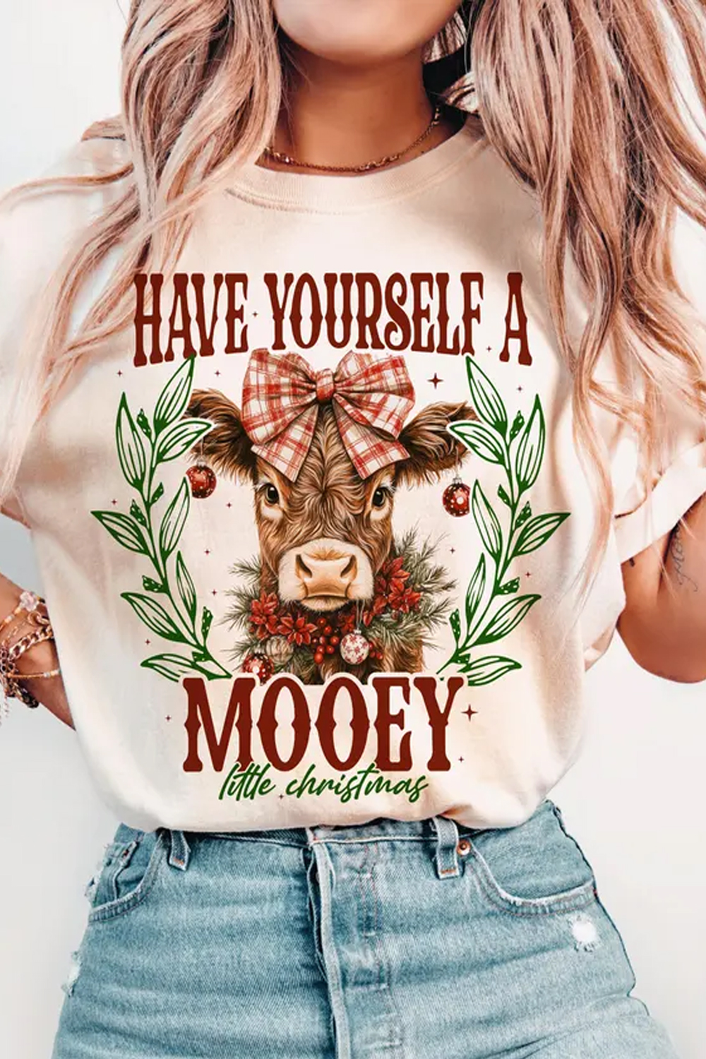 Christmas Bow Calf Printed Round Neck Ladies Short Sleeve T-Shirt