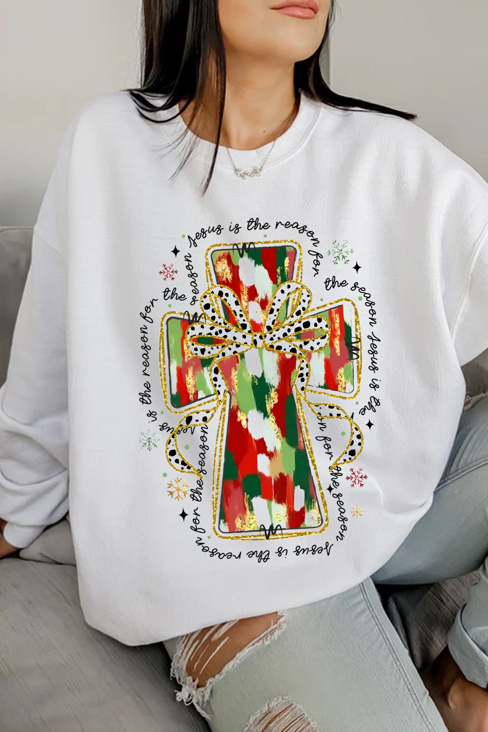 Christmas Cross Printed Round Neck Women's Long Sleeve Sweatshirt