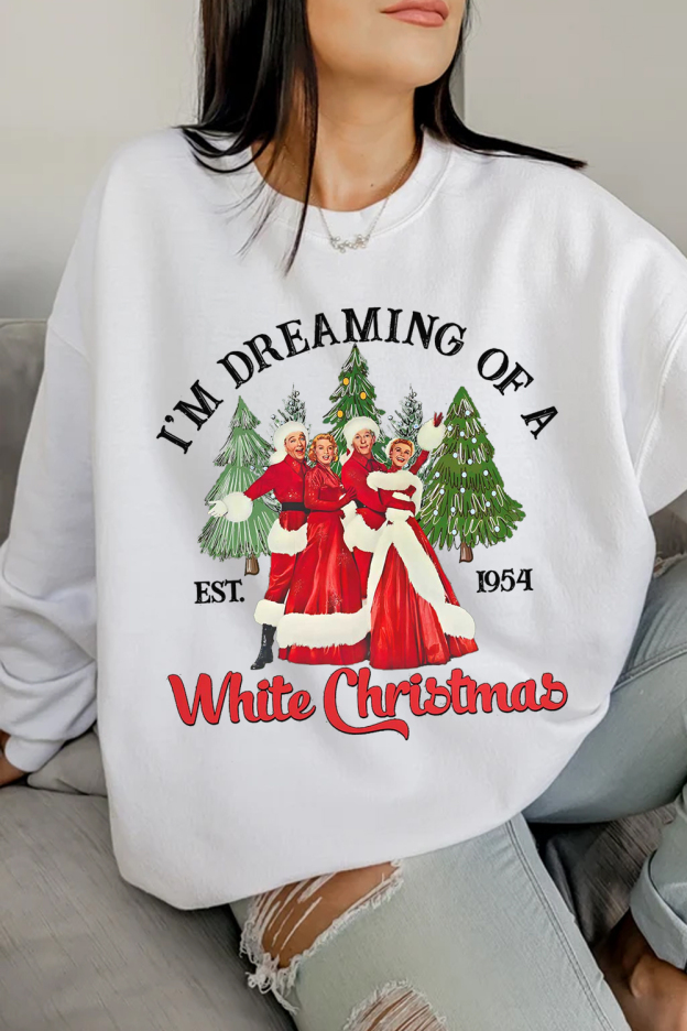 White Christmas Cartoon Print Round Neck Ladies Long Sleeve Sweatshirt