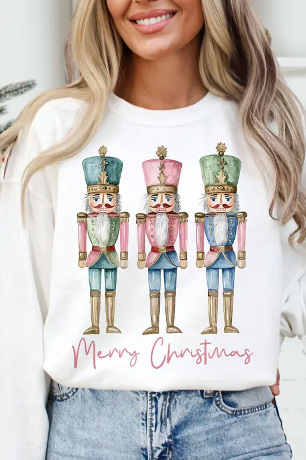 Christmas Nutcracker Printed Round Neck Women's Long Sleeve Sweatshirt