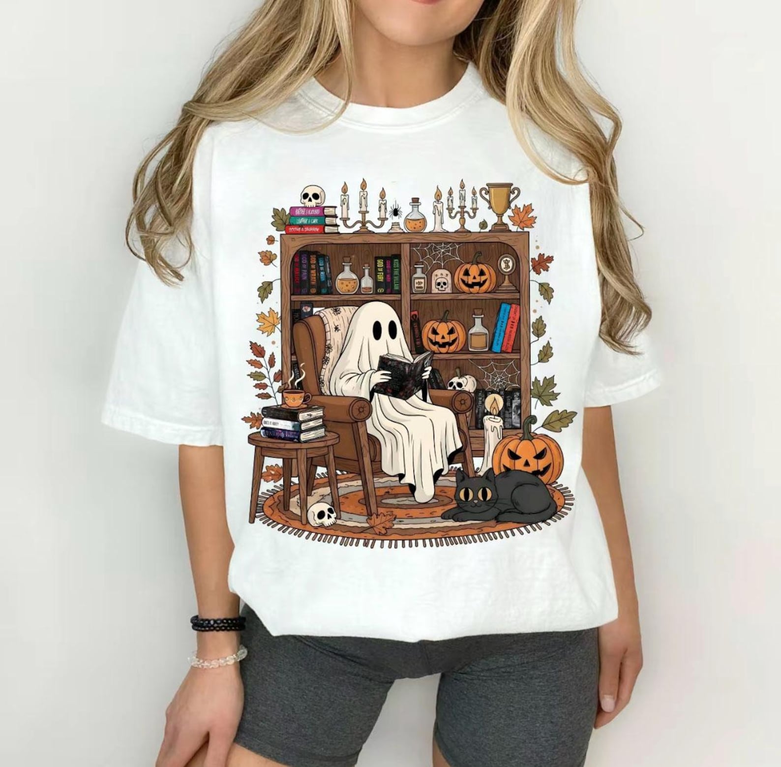 Cozy Ghost Reading T-Shirt: Halloween Library Bookshelf Tee