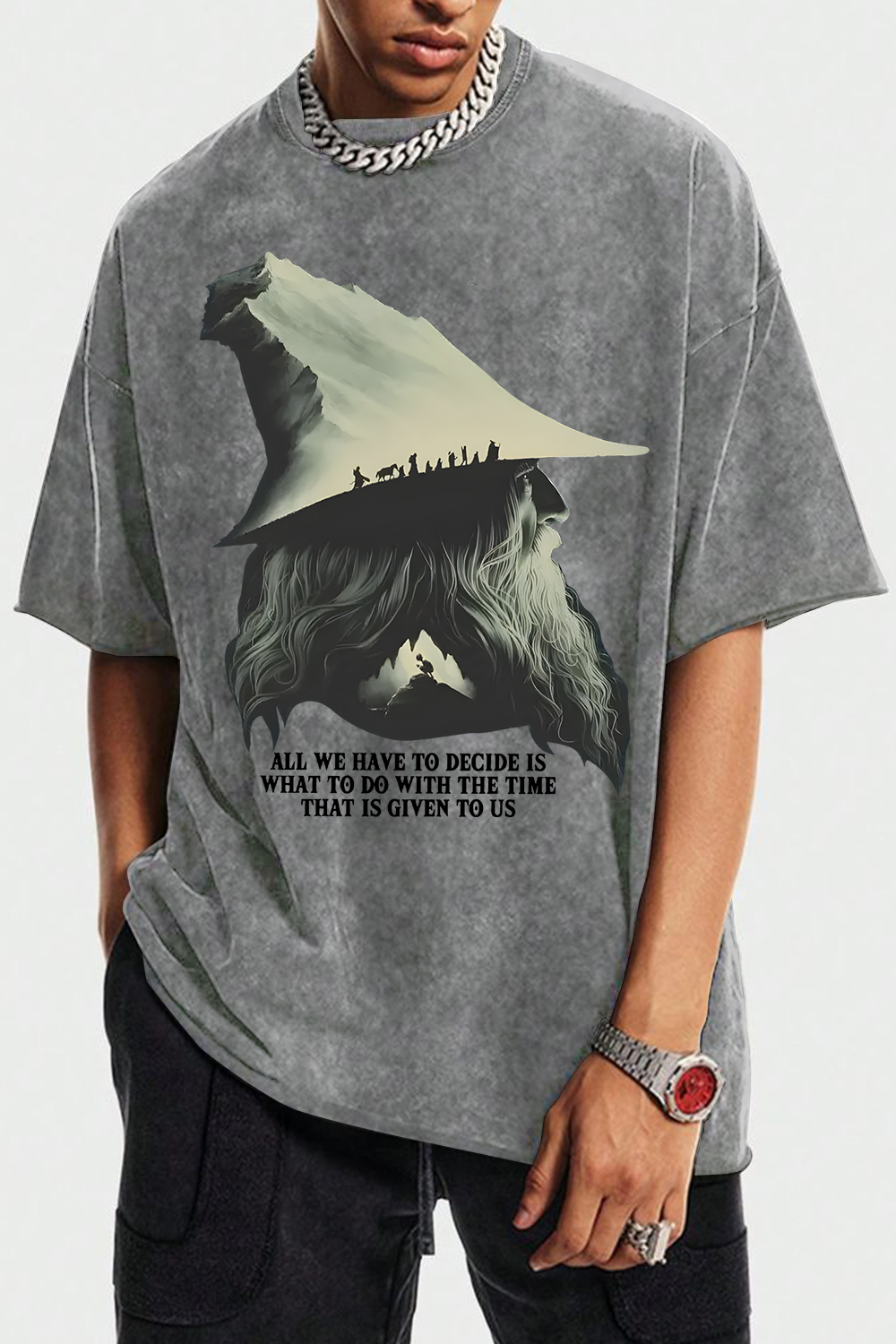 Washed cotton LOTR Gandalf Quote All We Have To Decide Front Vintage Shirt Tee - Men