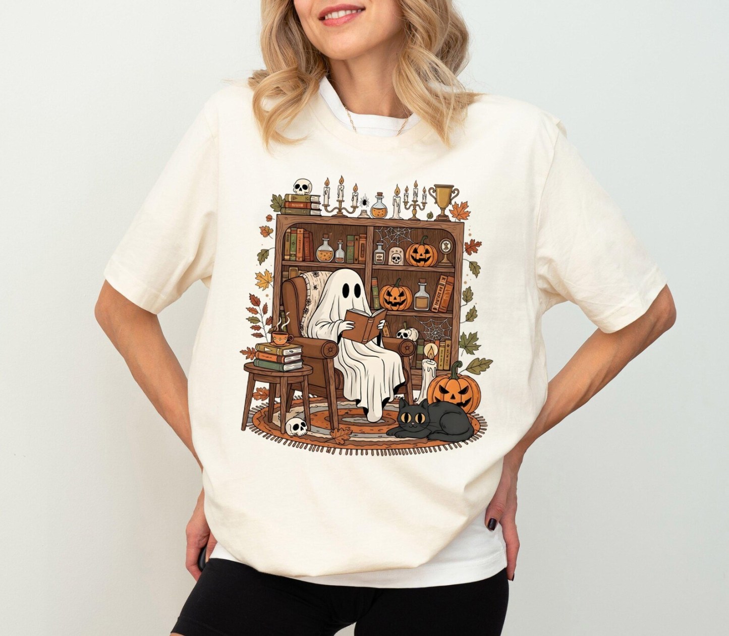 Cozy Ghost Reading T-Shirt: Halloween Library Bookshelf Tee