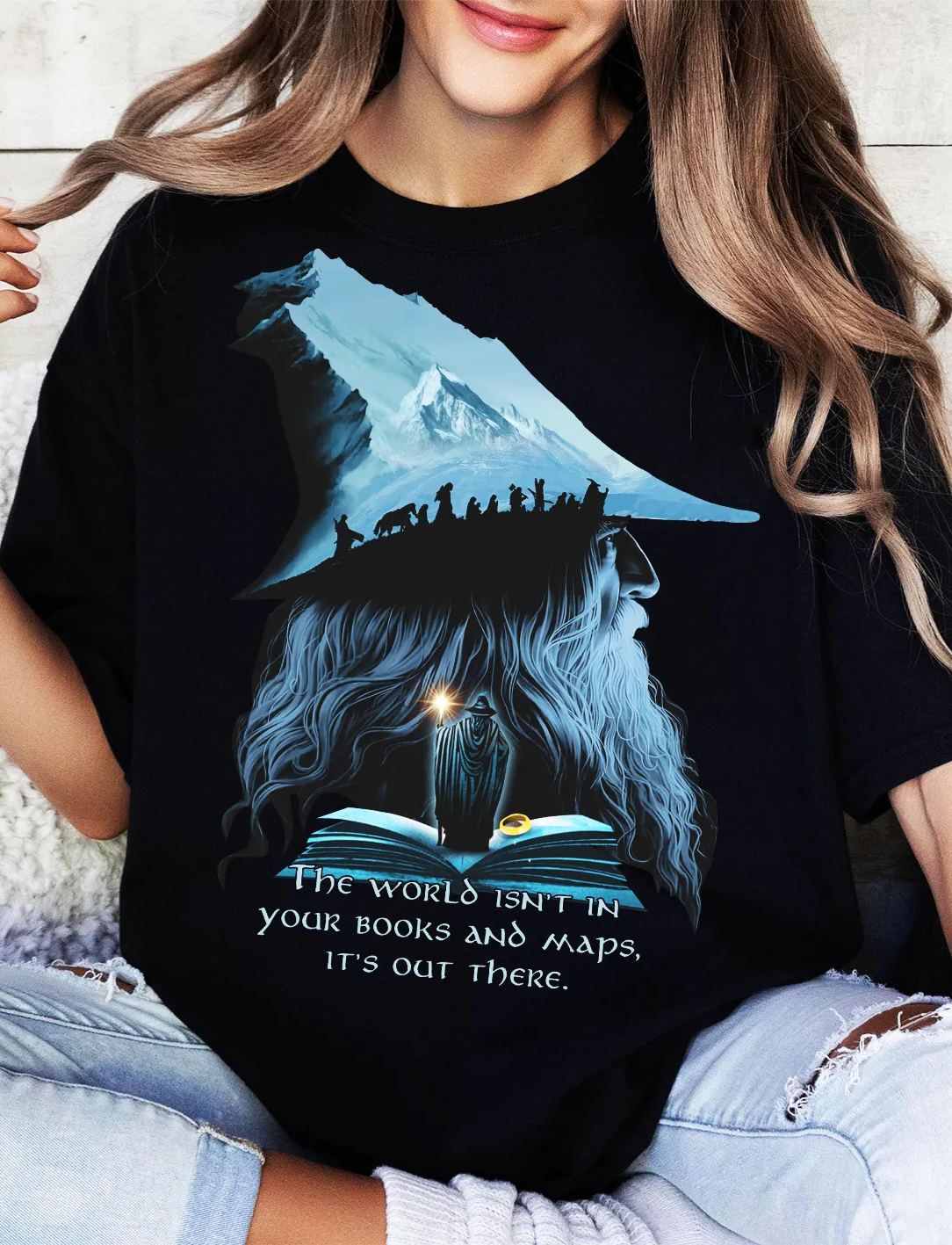 LOTR Gandalf The World Isn��t In Your Books and Maps Middle Earth 1 Side Vintage Shirt