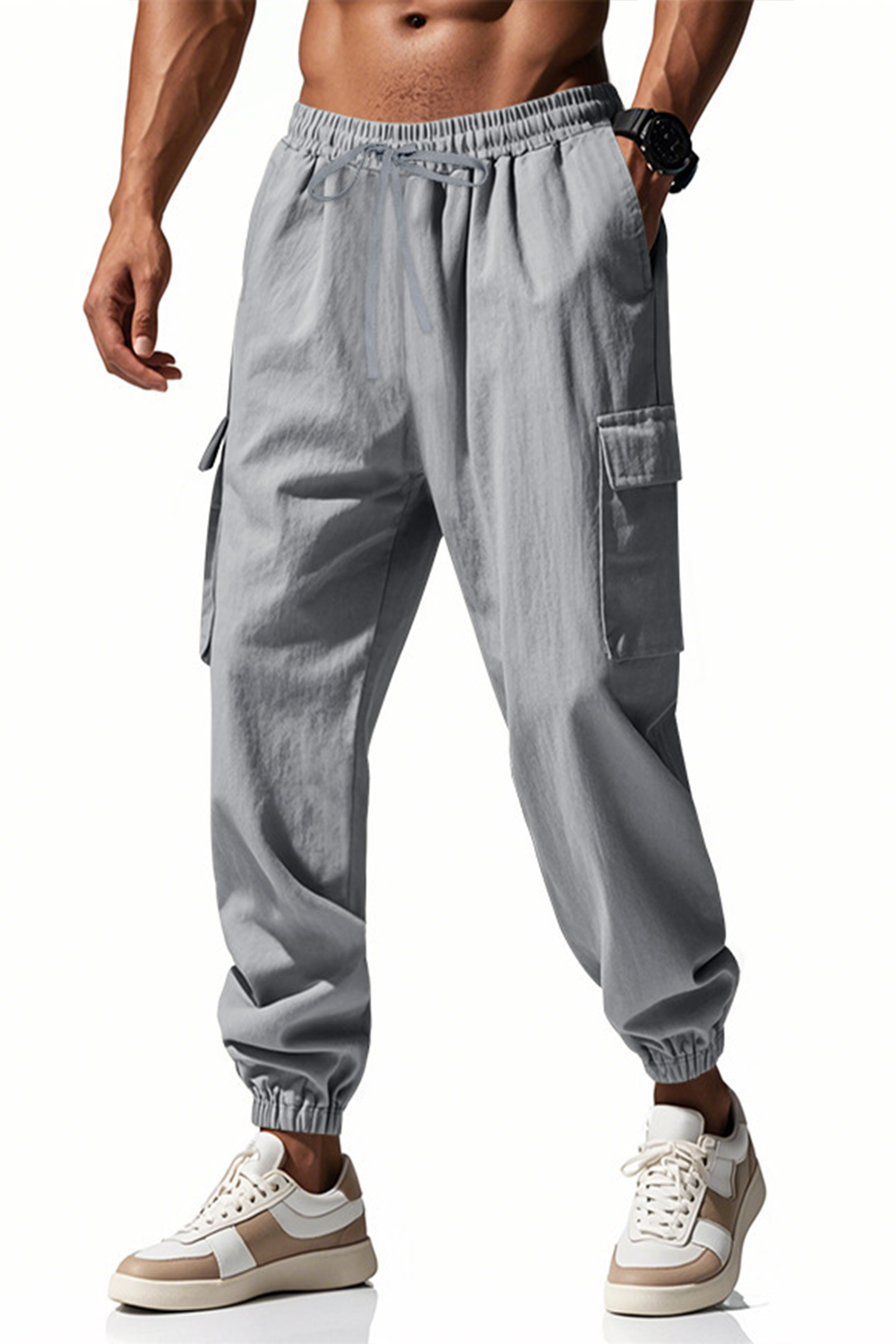 Cotton and linen casual cuffs with multiple pockets work trousers
