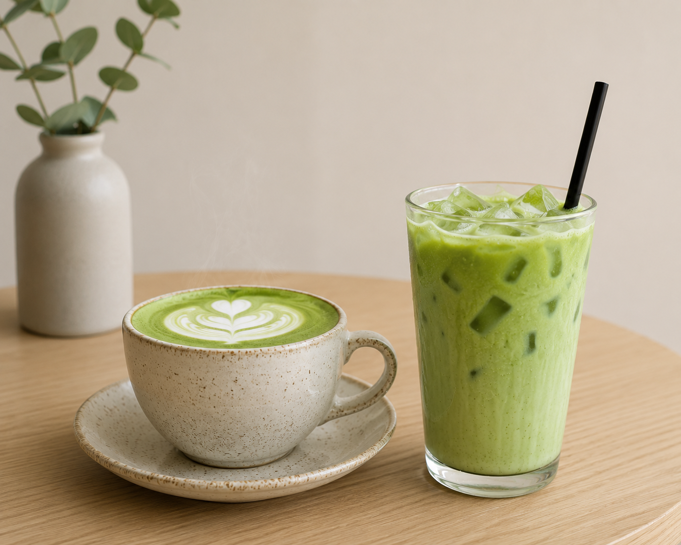 A minimalist café scene featuring a hot matcha latte and an iced matcha latte on a light wooden table.