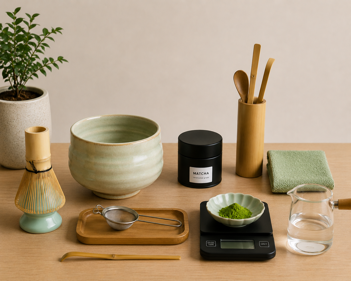 Everything you need for a complete matcha ritual in one organised workstation. Featuring essential tools including a matcha whisk, bowl, scoop, sifter, digital scale and matcha tin, plus accessories for a complete experience.