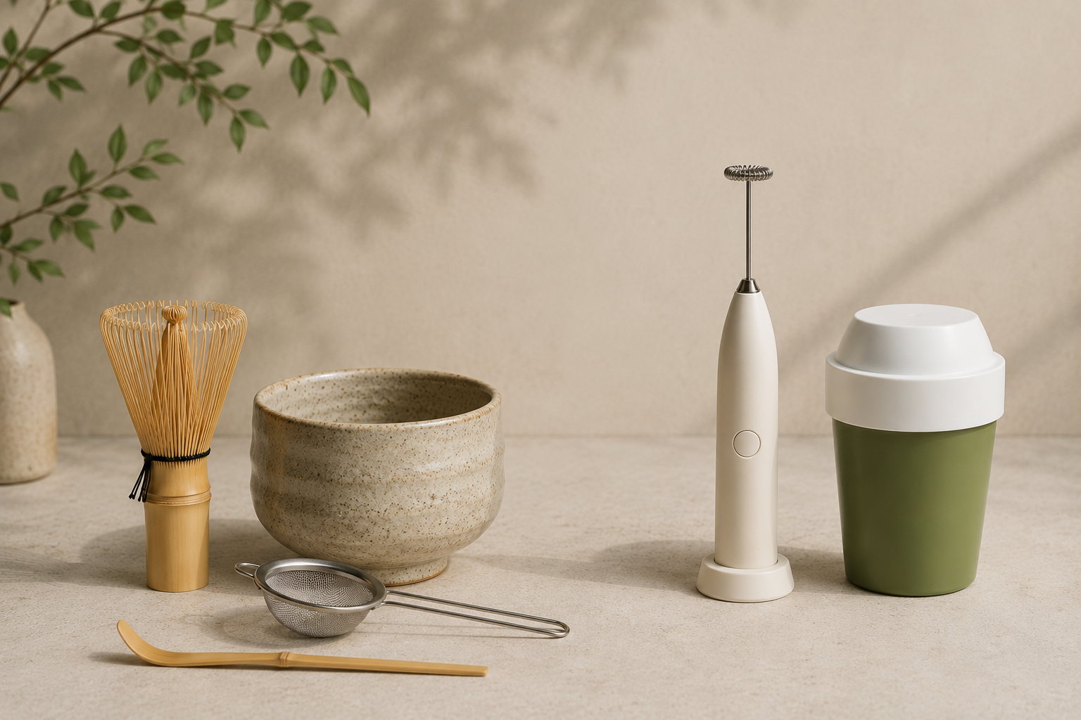 A comparison of matcha preparation tools. On the left are classic traditional essentials including a bamboo chasen (whisk), matcha bowl, fine-mesh sieve, and chashaku, while the right features modern electric frother and matcha shaker.