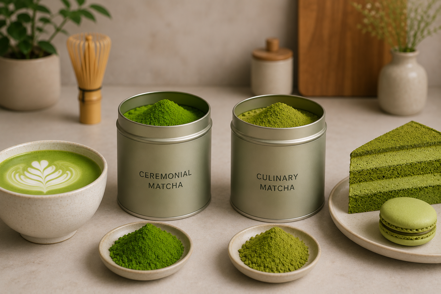 On the left is ceremonial-grade matcha with its vibrant green hue, ideal for rich, creamy lattes. On the right is culinary-grade matcha in a softer olive-green tone, crafted for cakes, pastries and desserts.