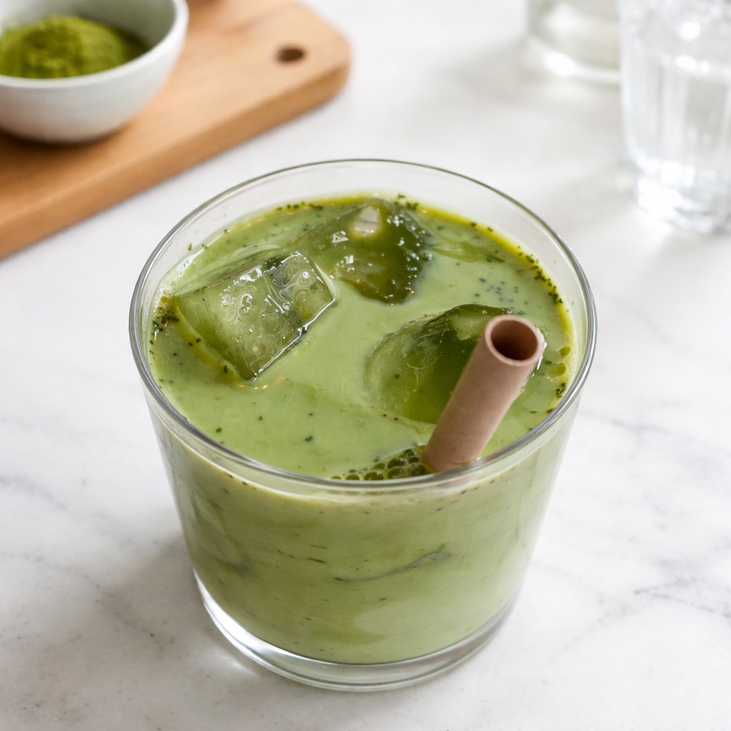 An iced matcha latte in a clear glass with ice cubes and a pink straw, showing visible clumps and uneven green clumps throughout the drink, with a small bowl of matcha powder on a wooden board in the background.