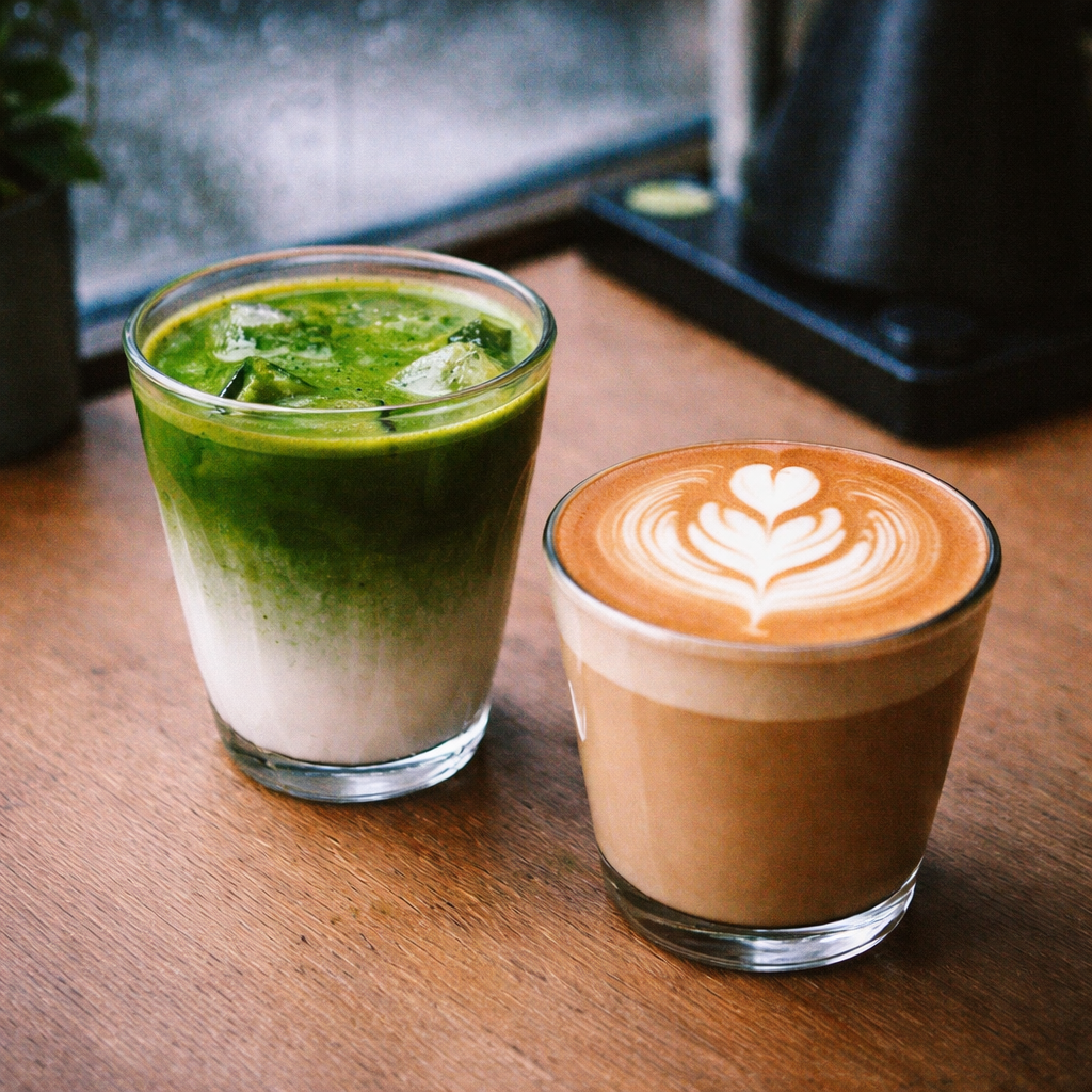 one glass of iced matcha latte and a hot matcha latte with latte art set on a wooden shelf by the window, with the bottom of a kettle in the background.