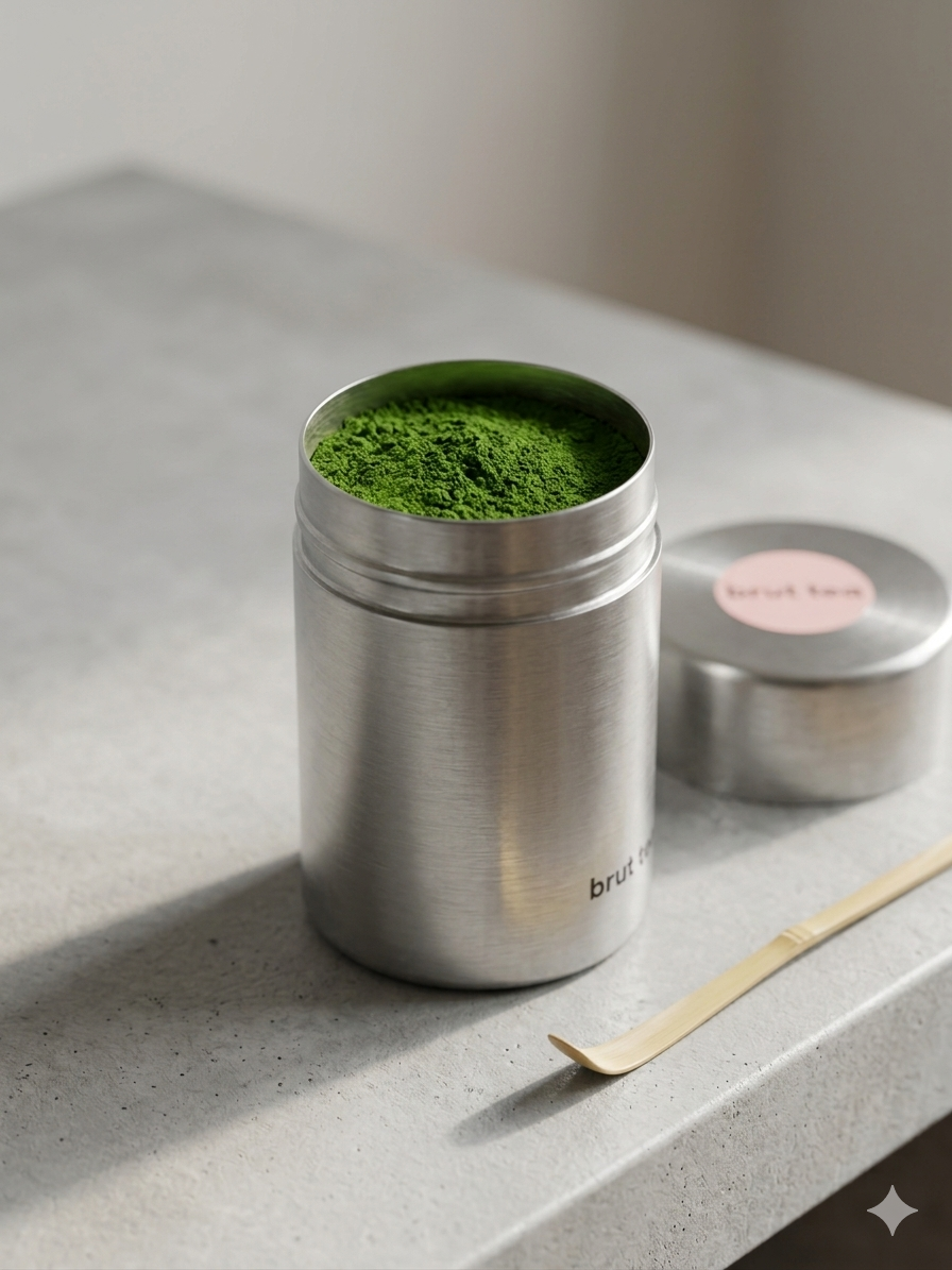 Matcha powder stored in a tin alongside a chasaku.