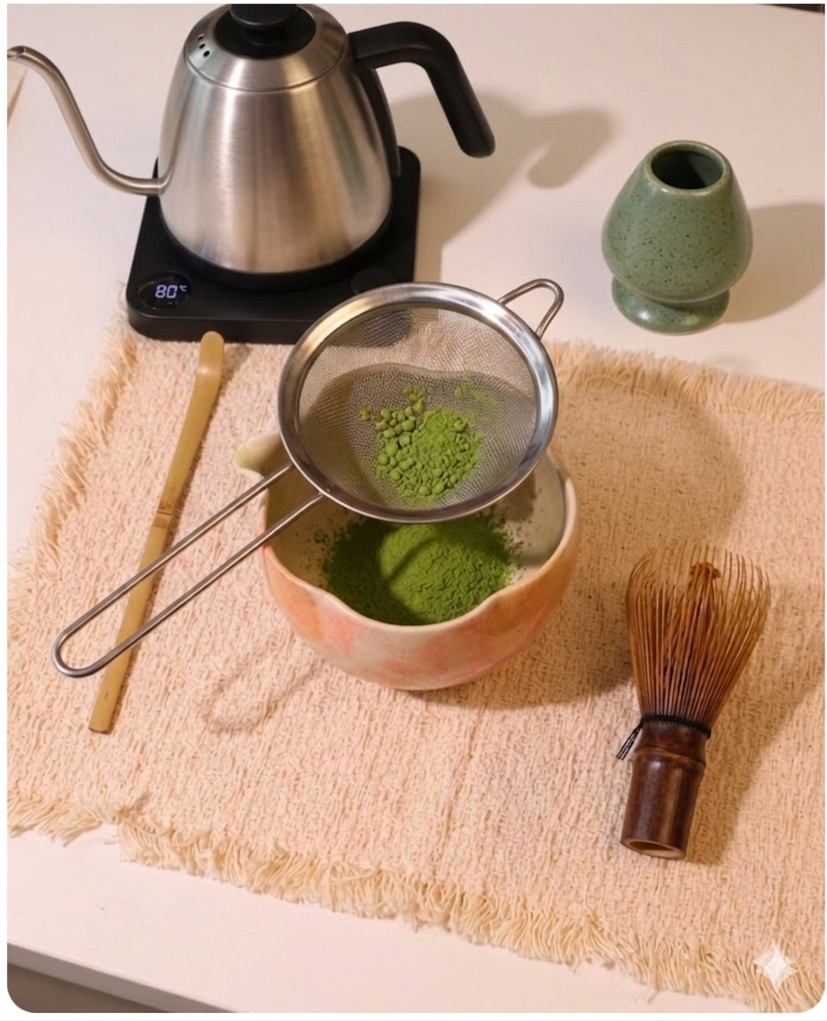 Matcha preparation tools laid out from left to right: bamboo matcha scoop (chashaku), sifter resting over a ceramic bowl, bamboo whisk (chasen), and a temperature-controlled kettle alongside a whisk holder (kusenaoshi) in the background.