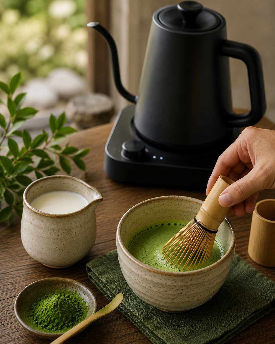 Whisking matcha using perfectly heated water from the temperature-controlled kettle in the background, before adding it to the milk.