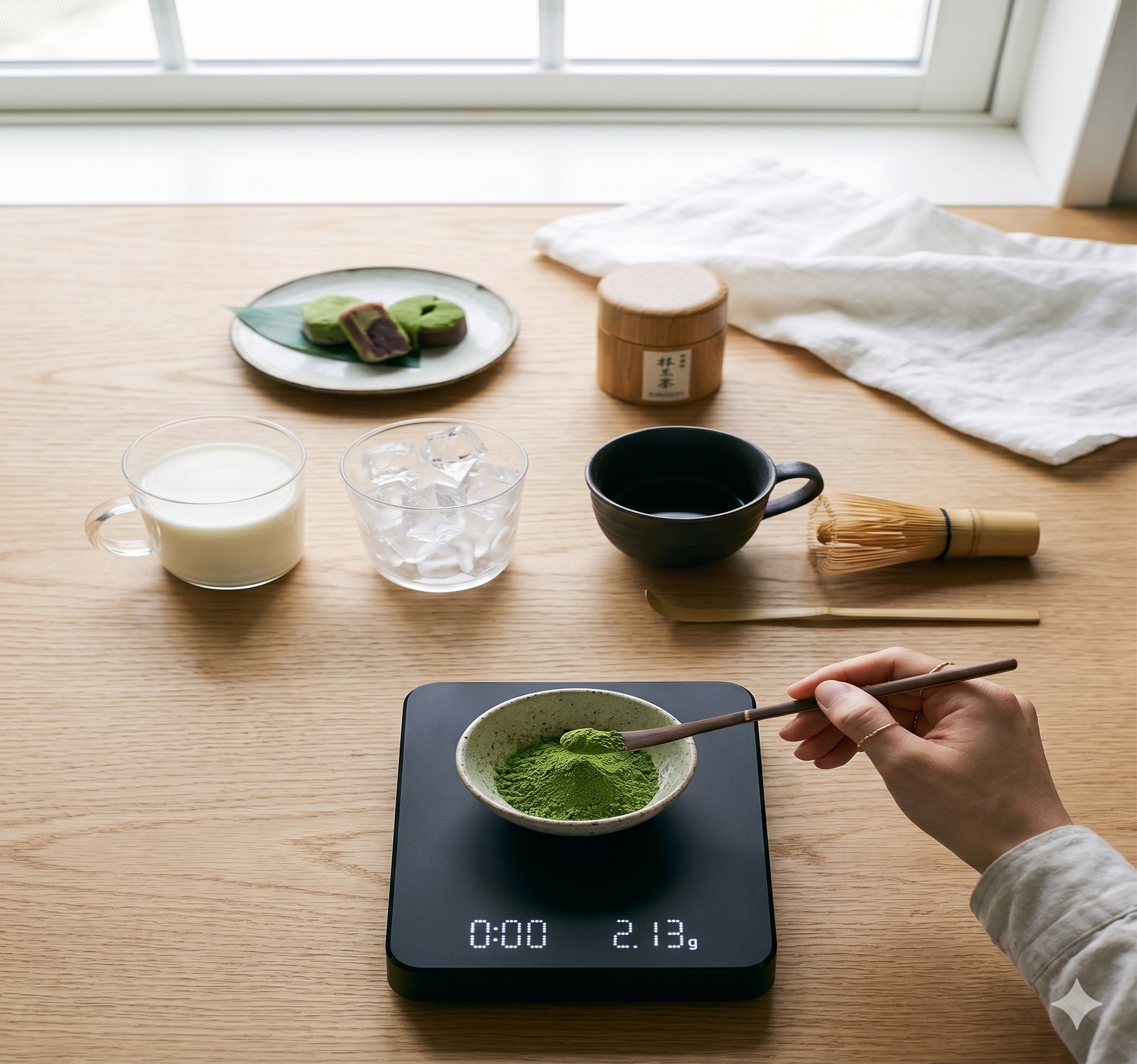 Scooping matcha with a chashaku and weighing it on a digital scale. A cup of milk ready to be poured, served as a matcha latte, alongside a cup of ice cubes for iced matcha - with some whisking tools and ingredients laid out nearby.