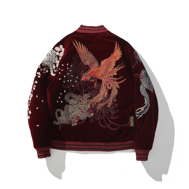 Yokosuka heavy embroidery men's cotton coat four mythical beasts dragon Zhuquan embroidered cotton jacket personalized Chinese style retro