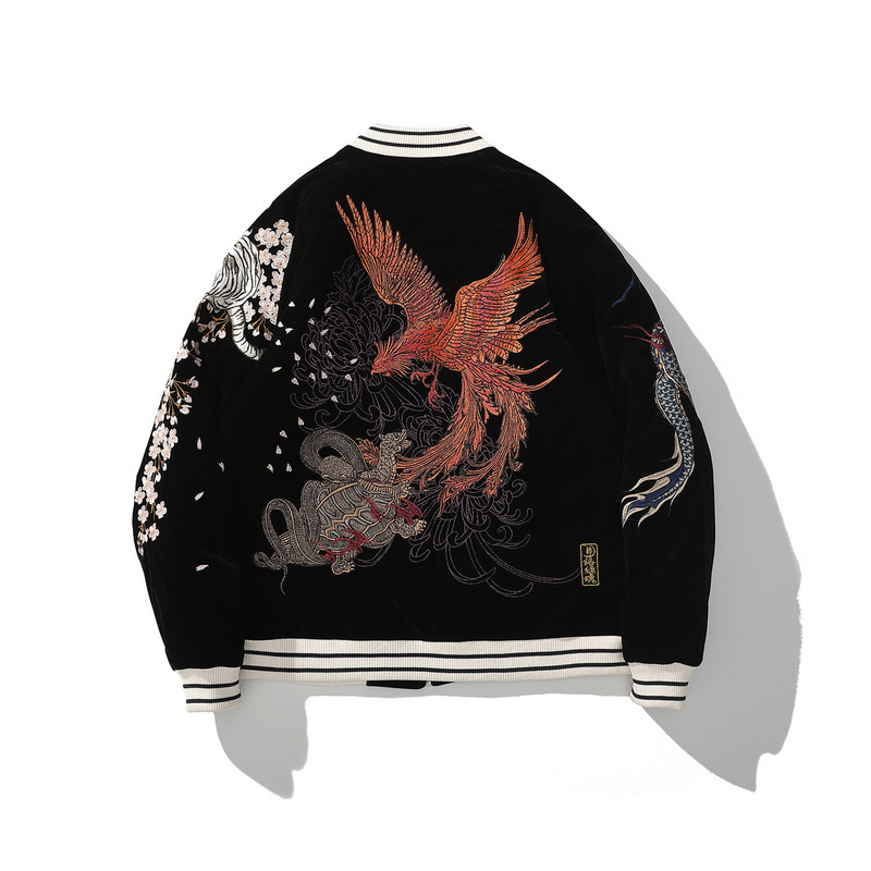 Yokosuka heavy embroidery men's cotton coat four mythical beasts dragon Zhuquan embroidered cotton jacket personalized Chinese style retro