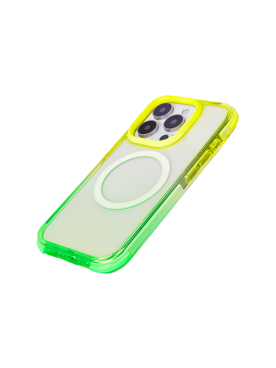 JUST ONE NAME the defender phone case yellow green model has a clear back panel.