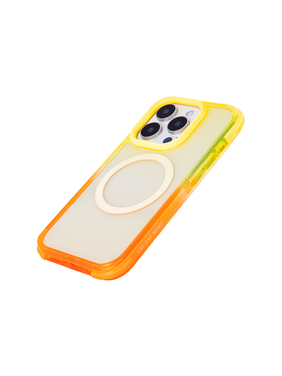 JUST ONE NAME the defender phone case yellow orange model has a clear back panel.