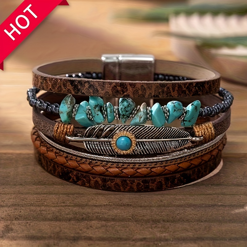 🎁 50% sleva na všechny produkty !🌟Vícevrstvý náramek z kůže s magnetickým zapínáním Český zavinovací náramek Vintage Style Ruční ozdoby Vzor hadí kůže💫