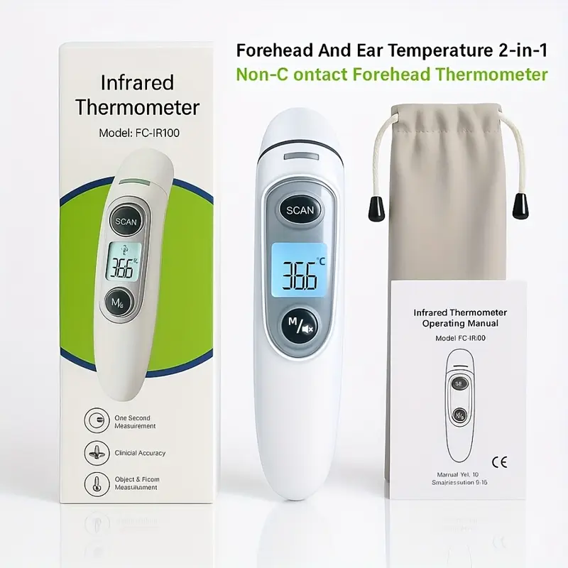   2-in-1 digital thermometer with   (forehead & ear) - fast & accurate temperature sensor, large lcd display, auto mode, memory storage, windproof design,   operation - easy-to-read digital thermometer for adults,,, travel, home & use - compatible with forehead & ear probes (batteries not included) - ideal for family & use details 3