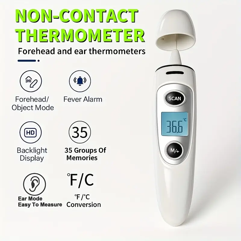   2-in-1 digital thermometer with   (forehead & ear) - fast & accurate temperature sensor, large lcd display, auto mode, memory storage, windproof design,   operation - easy-to-read digital thermometer for adults,,, travel, home & use - compatible with forehead & ear probes (batteries not included) - ideal for family & use details 2