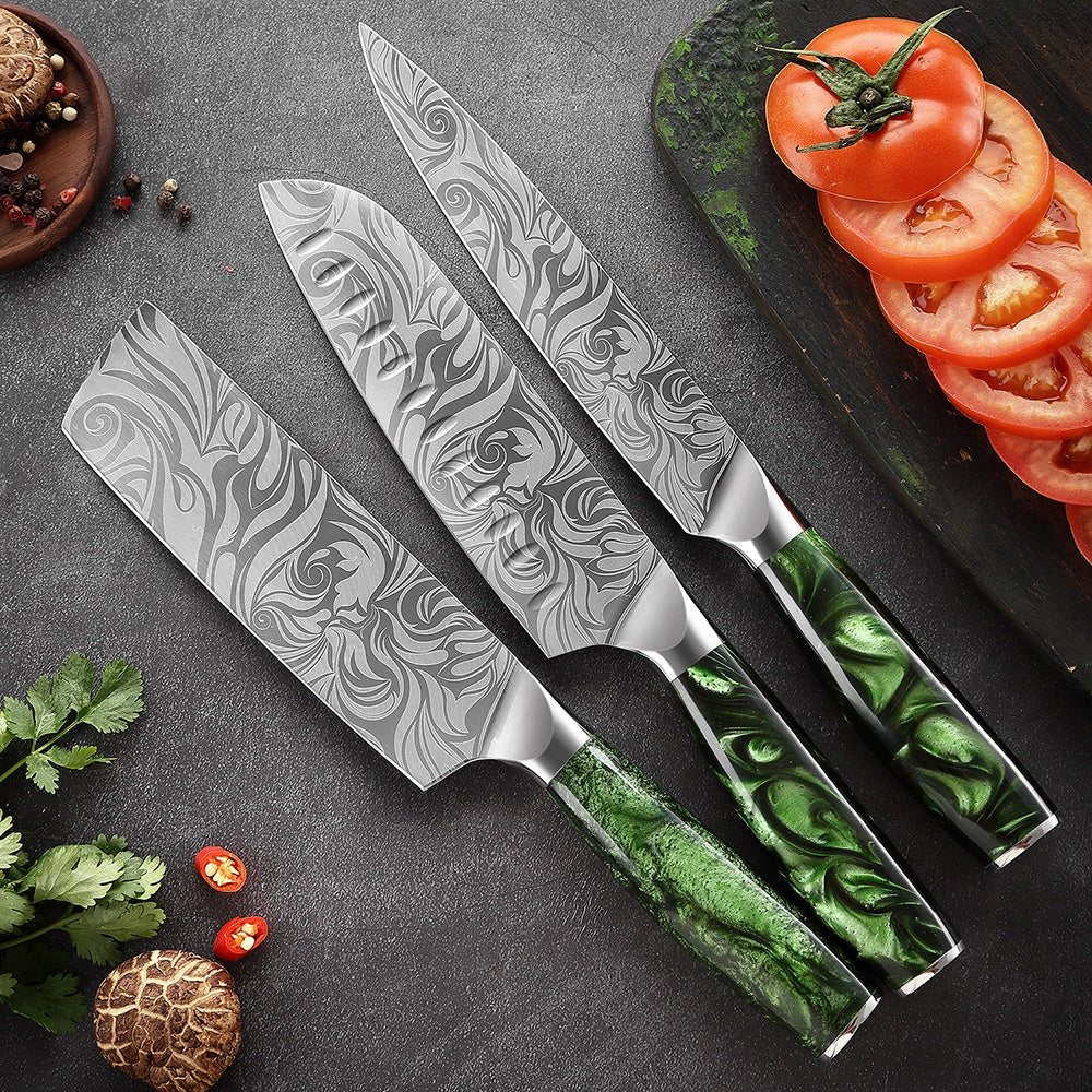 Conjunto de facas de chef japonês, cabo ergonômico de resina verde
