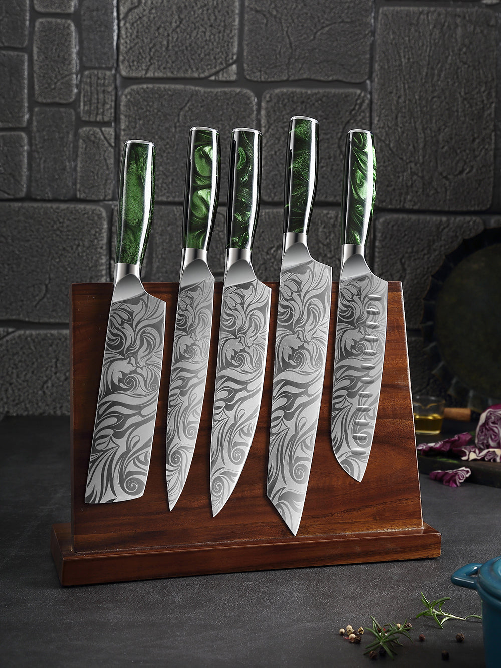Conjunto de facas de chef japonês, cabo ergonômico de resina verde