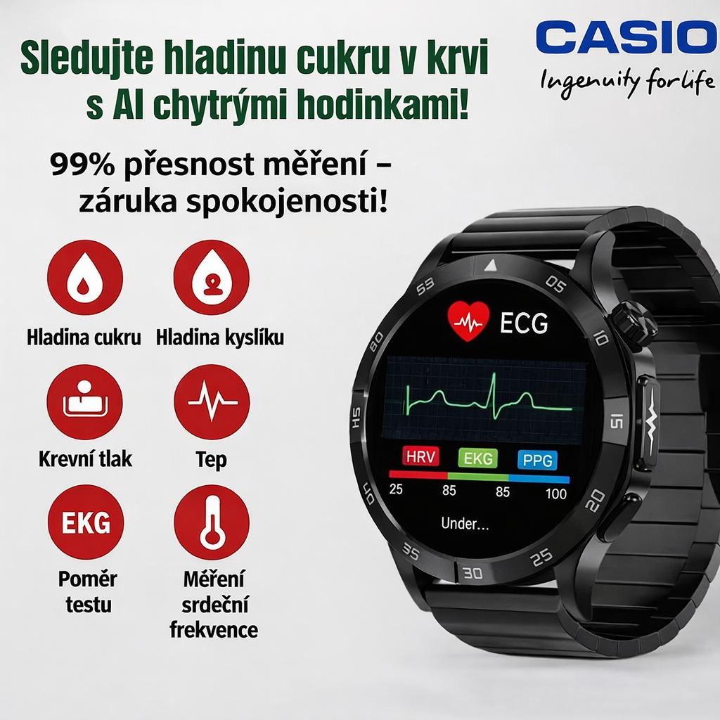 Chytré hodinky CASIO Health – měření EKG a PPG, monitorování hladiny cukru v krvi, tuků v krvi a kyseliny močové
