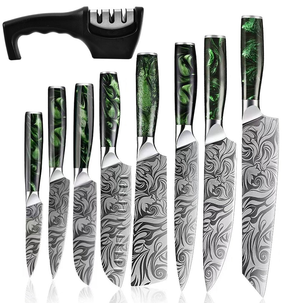 Conjunto de facas de chef japonês, cabo ergonômico de resina verde