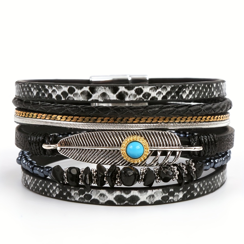 🎁 50% sleva na všechny produkty !🌟Vícevrstvý náramek z kůže s magnetickým zapínáním Český zavinovací náramek Vintage Style Ruční ozdoby Vzor hadí kůže💫