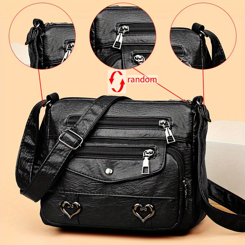 🎀Retro crossbody kabelka s více kapsami, taška přes rameno z měkké PU kůže, dámská kabelka s kovovým srdcem 💼
