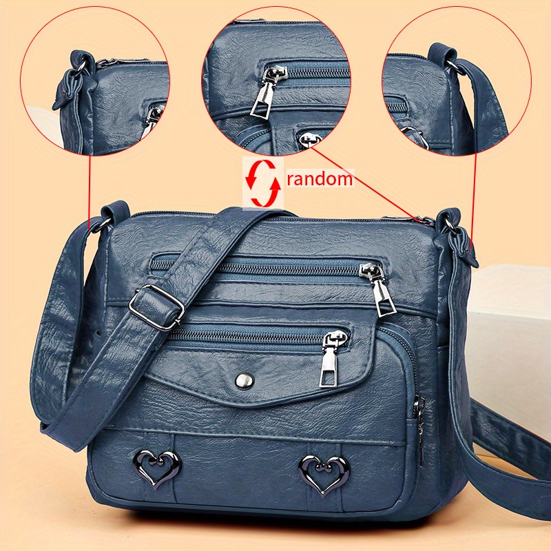 🎀Retro crossbody kabelka s více kapsami, taška přes rameno z měkké PU kůže, dámská kabelka s kovovým srdcem 💼