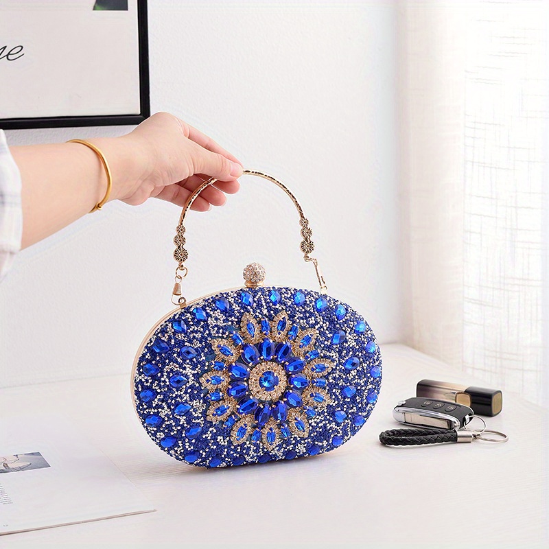 🎁 50% sleva na všechny produkty !💎Dámská kabelka na ruce s kamínkovou květinovou rukojetí z lesklé kůže✨