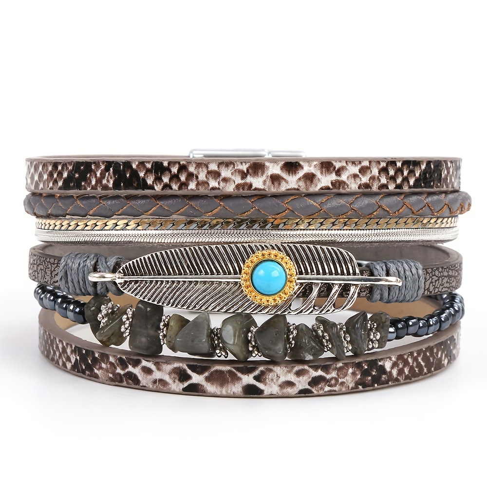🎁 50% sleva na všechny produkty !🌟Vícevrstvý náramek z kůže s magnetickým zapínáním Český zavinovací náramek Vintage Style Ruční ozdoby Vzor hadí kůže💫