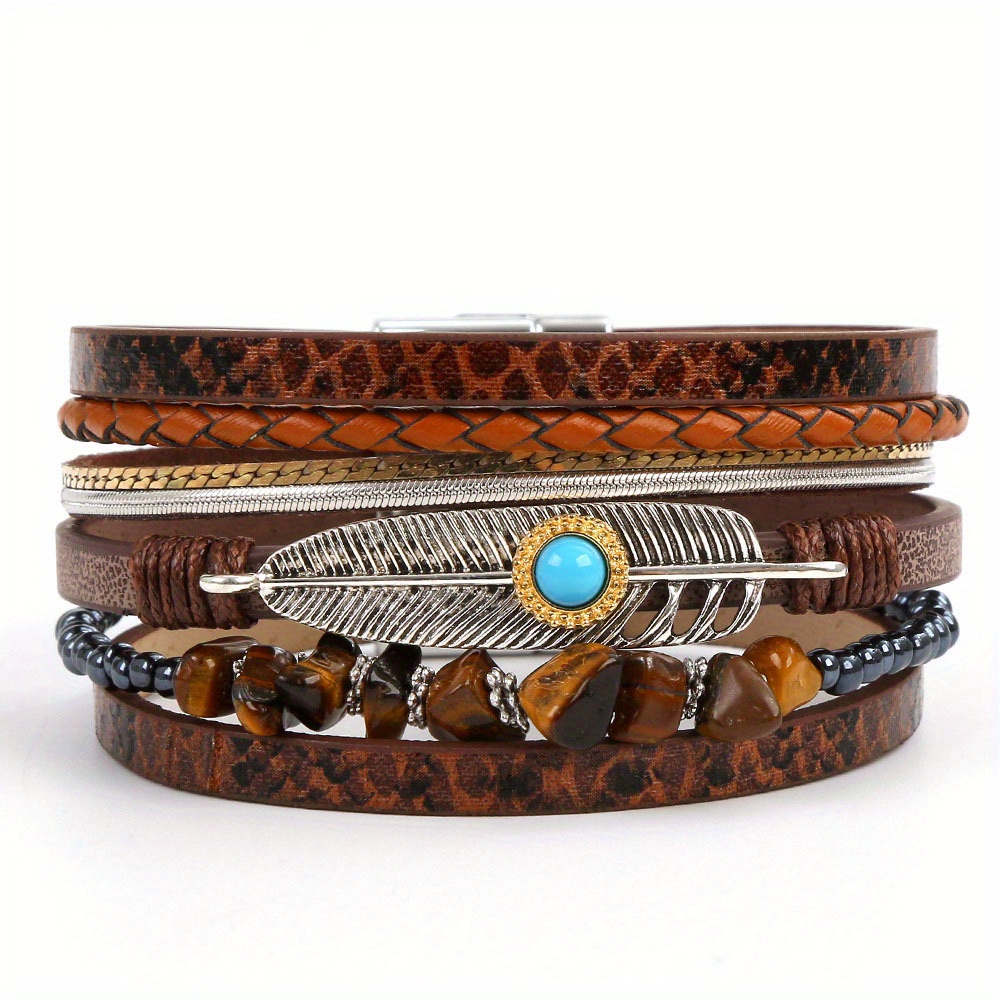 🎁 50% sleva na všechny produkty !🌟Vícevrstvý náramek z kůže s magnetickým zapínáním Český zavinovací náramek Vintage Style Ruční ozdoby Vzor hadí kůže💫