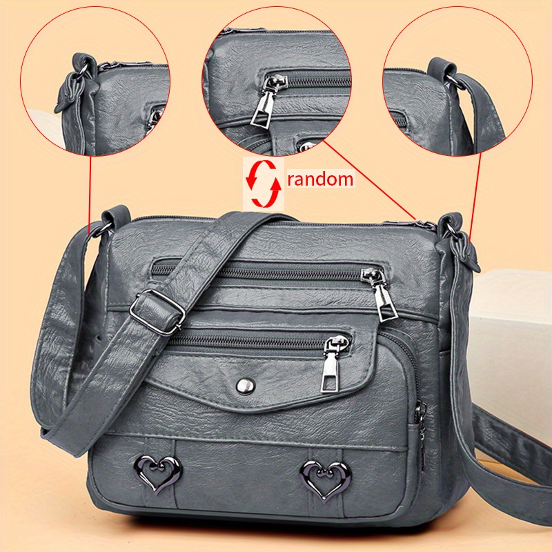 🎀Retro crossbody kabelka s více kapsami, taška přes rameno z měkké PU kůže, dámská kabelka s kovovým srdcem 💼