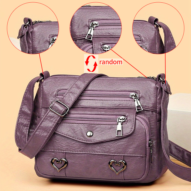🎀Retro crossbody kabelka s více kapsami, taška přes rameno z měkké PU kůže, dámská kabelka s kovovým srdcem 💼