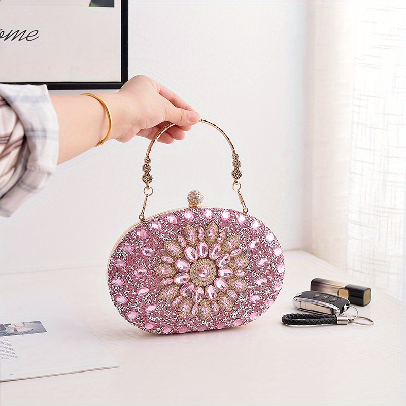 🎁 50% sleva na všechny produkty !💎Dámská kabelka na ruce s kamínkovou květinovou rukojetí z lesklé kůže✨
