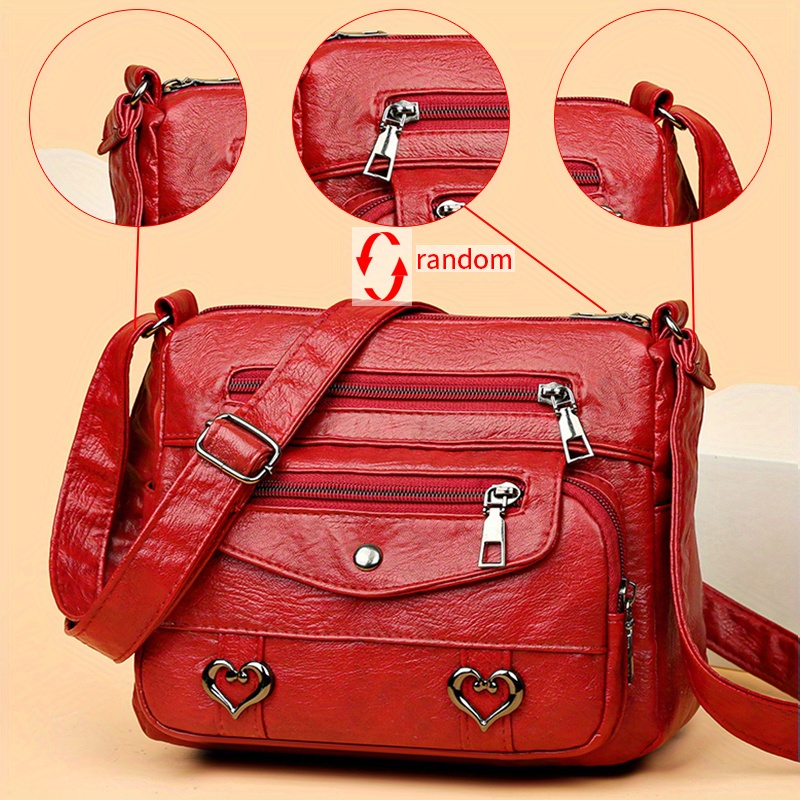 🎀Retro crossbody kabelka s více kapsami, taška přes rameno z měkké PU kůže, dámská kabelka s kovovým srdcem 💼