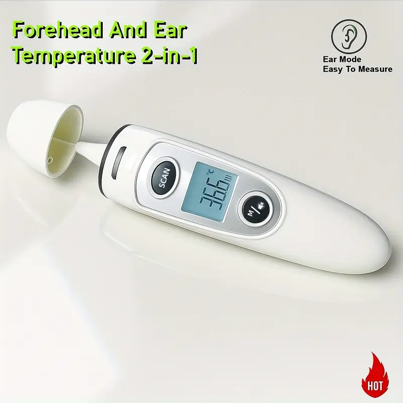   2-in-1 digital thermometer with   (forehead & ear) - fast & accurate temperature sensor, large lcd display, auto mode, memory storage, windproof design,   operation - easy-to-read digital thermometer for adults,,, travel, home & use - compatible with forehead & ear probes (batteries not included) - ideal for family & use details 1