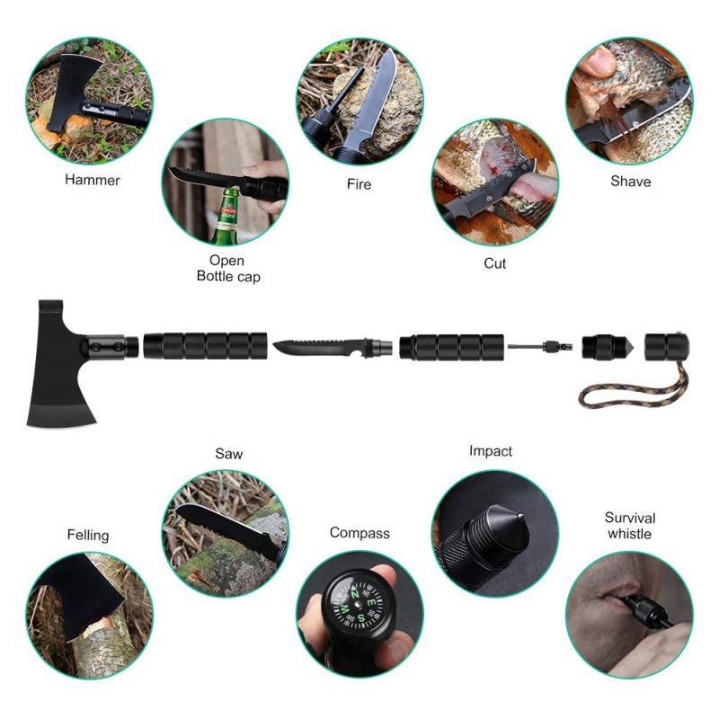 Topor tactic de supraviețuire pliabil, topor multifuncțional pentru camping în aer liber, topor tactic de supraviețuire pliabil cu ciocan, mâner reglabil, teacă de nailon, set de instrumente multifuncționale pentru aventură în aer liber