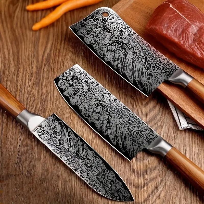 Súprava kuchynských nožov s damaškovým vzorom z nehrdzavejúcej ocele – nože na zeleninu, mäso a kosti pre komerčné kuchynské náradie šéfkuchárov