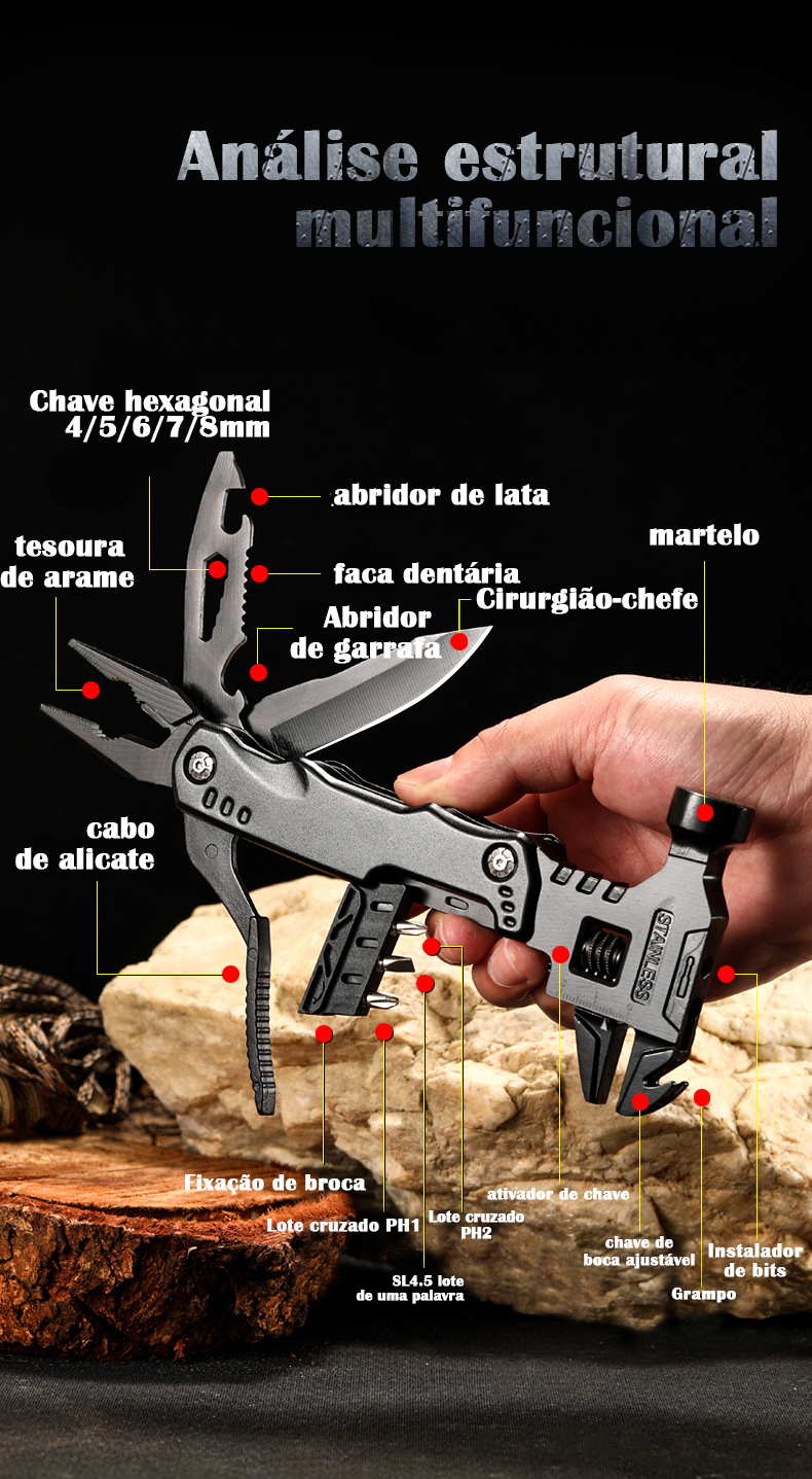 Chave multifuncional ao ar livre, martelo, alicate dobrável e faca combinação tudo-em-um acampamento portátil autodefesa carro ferramenta multiuso nova tendência